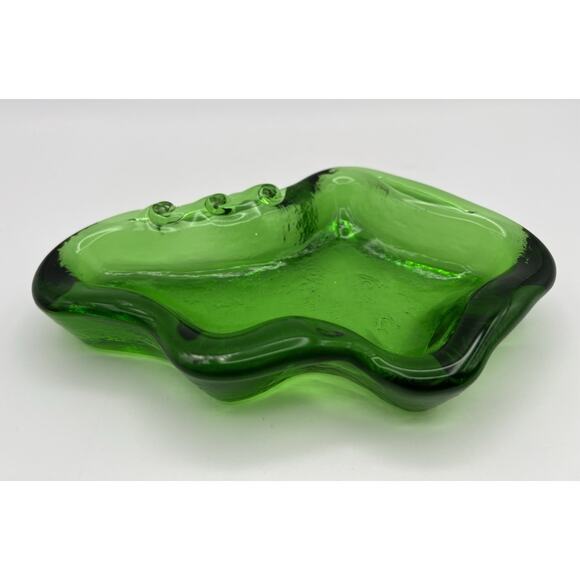 Vintage 1960's BLENKO Amoeba Freeform Art Glass Green Ashtray Trinket Dish - Picture 5 of 10
